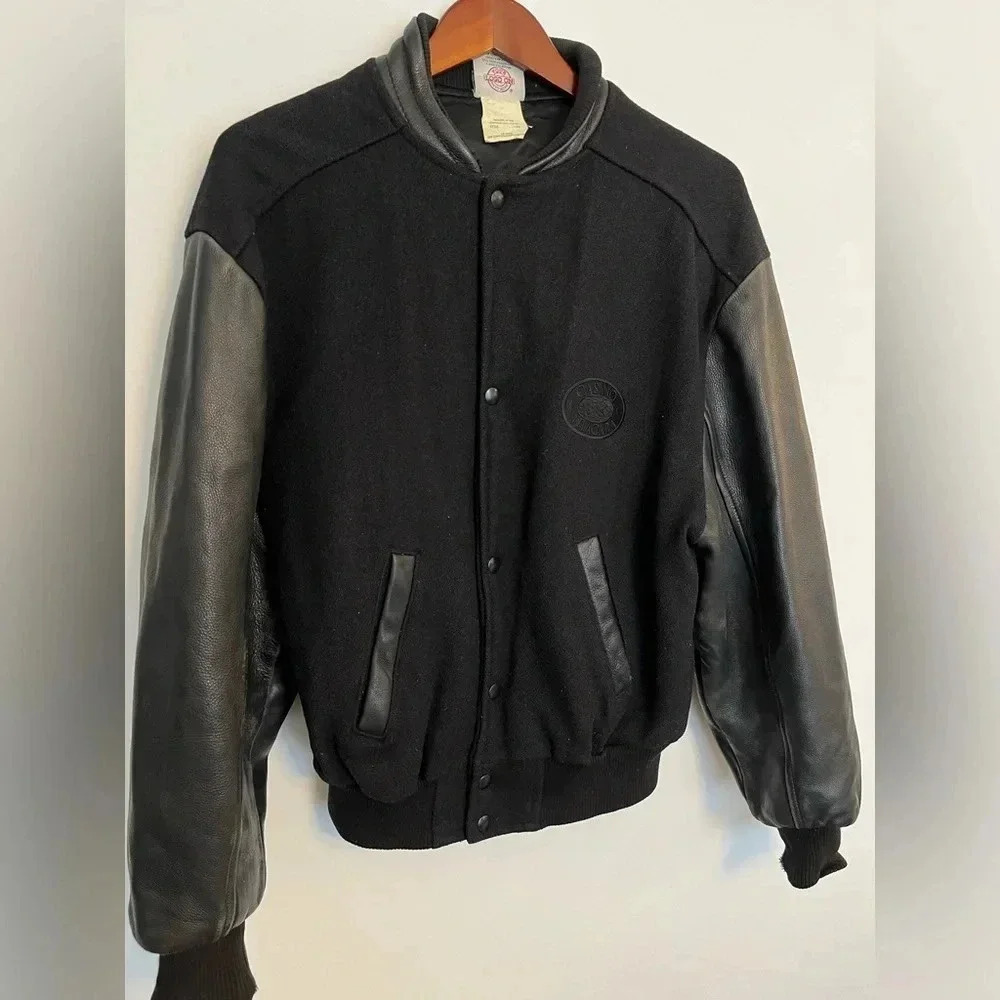 Vintage 90s Black Varsity Letterman Jacket Faux Leather Sleeves M - Picture 5 of 16